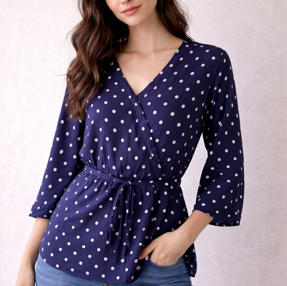 Navy Polka Dot Wrap Blouse 100% Viscose Tie Waist Size L/M
